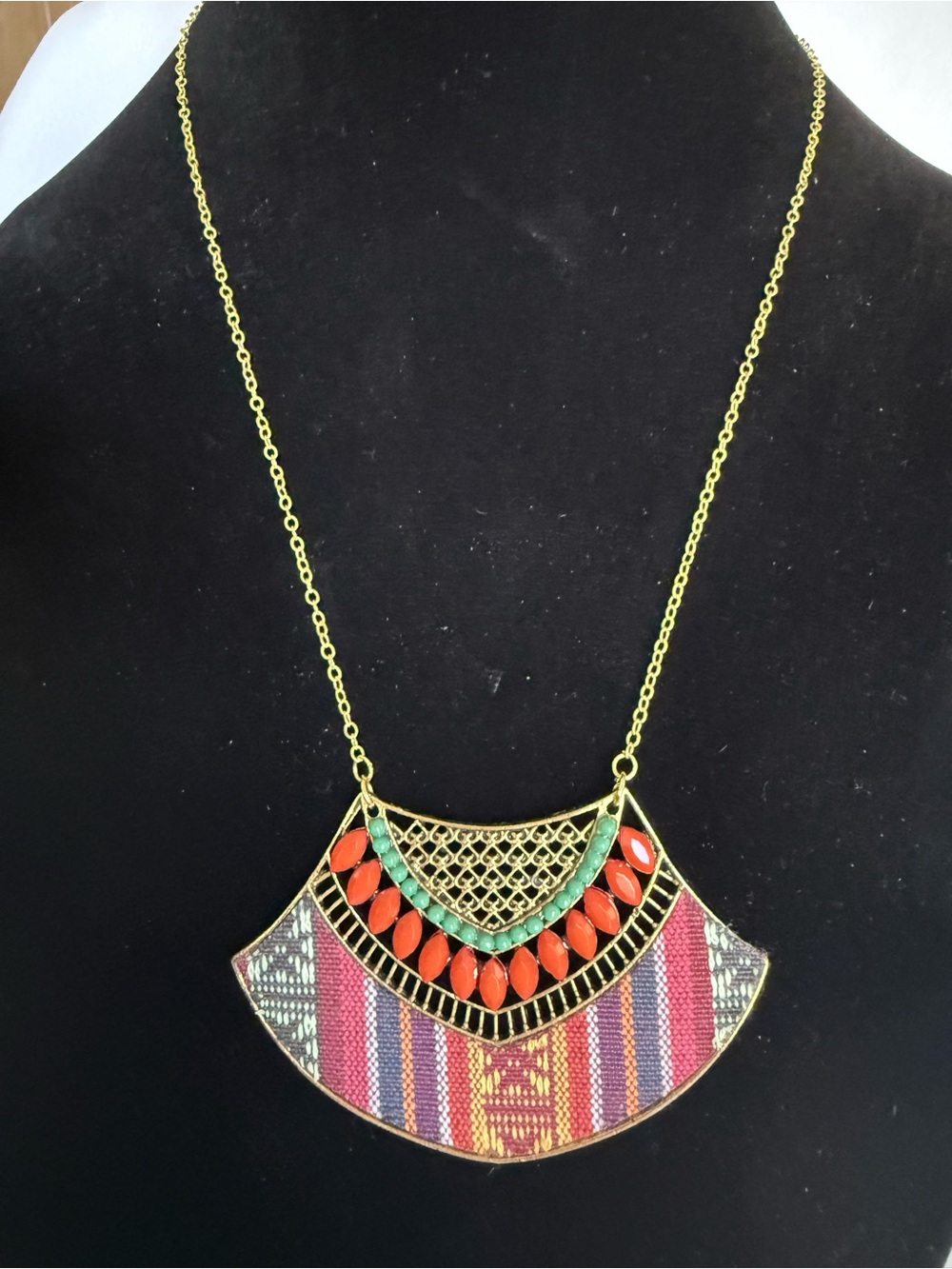Boho Tribal Fan Pendant Necklace Gold Tone Coral Turquoise Geometric Bib